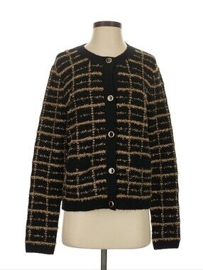 Talbots Black Gold Sparkle Tweed Button Cardigan Jacket Sweater Size S